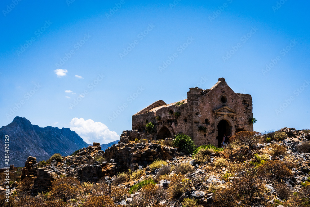 Ruins of Agios Georgios church in Venetian fort on Imeri Gramvousa Island near island of Crete