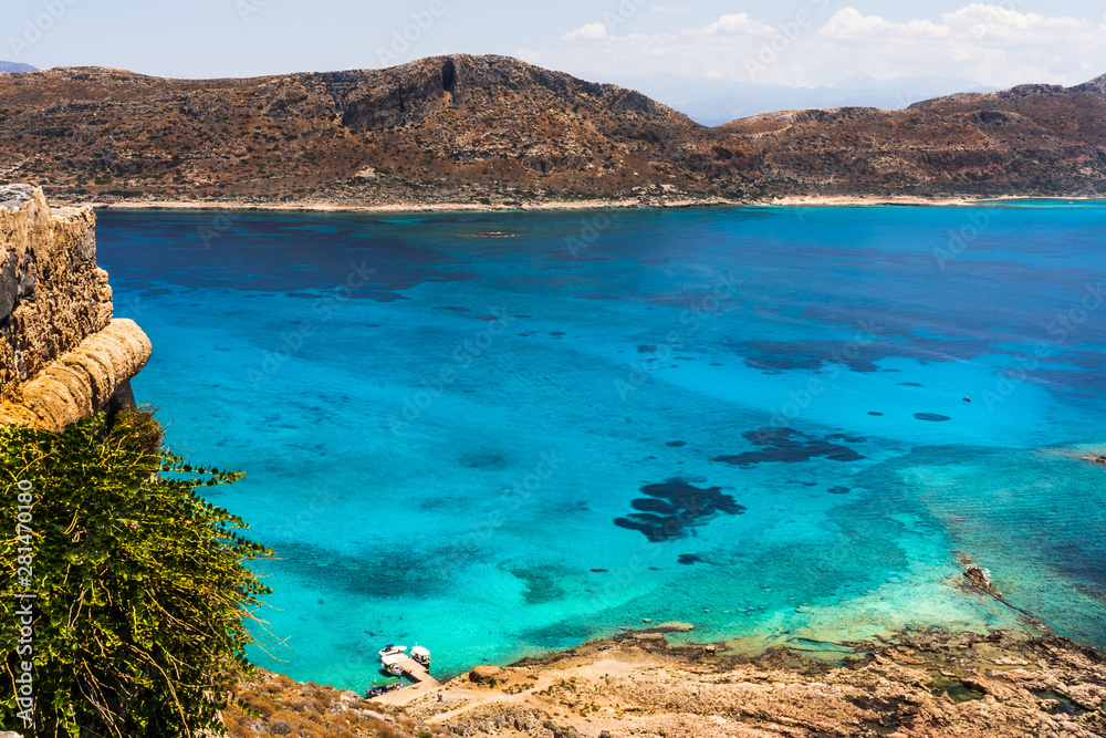 View of the beautiful beach in Balos Lagoon and Gramvousa island on Crete.