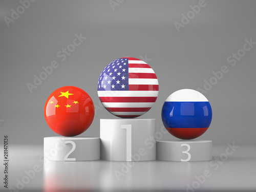 Superpower country flag America, China, Russia.business war concept.3D rendering
