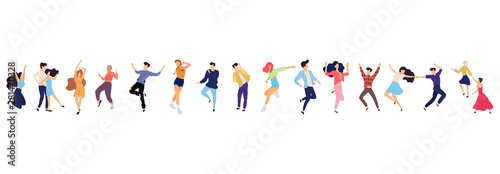 Crowd of young people dancing at club. Big set of characters having fun at party. Flat colorful vector illustration.