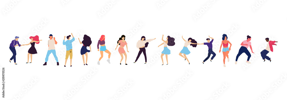 Crowd of young people dancing at club. Big set of characters having fun at party. Flat colorful vector illustration. Crowd of young people dancing at club. Big set of characters having fun at party. Flat colorful vector illustration.