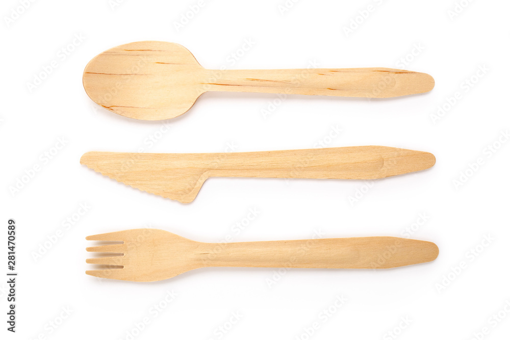 Eco friendly disposable wooden cutlery isolated on white background. Contains clipping path.