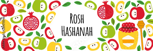 Cute greeting banner background with symbols of Jewish New Year holiday Rosh Hashana, Shana Tova
