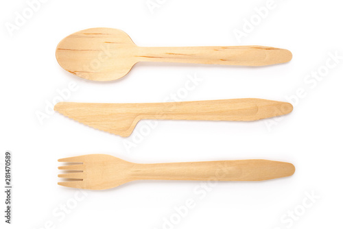Eco friendly disposable wooden cutlery isolated on white background. Contains clipping path.