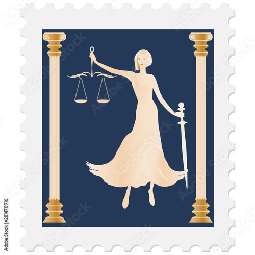 Postage stamp - Greek columns and Themis goddess with a sword and scales of justice - isolated on white background - vector.