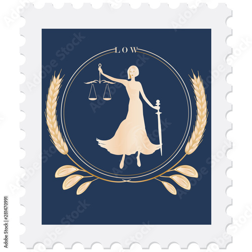 Postage stamp - Themis goddess with sword and scales of justice in frame of wheat ear - isolated on white background - vector.