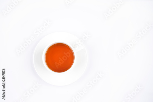 white cup of black tea pure background isolated top view copy space