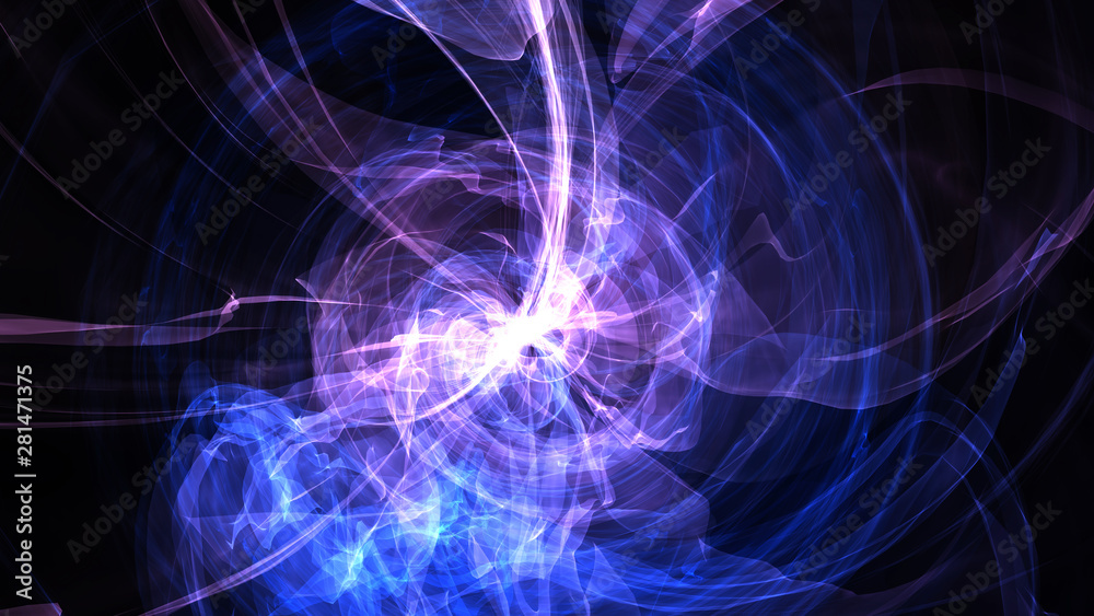 Abstract energy ball. Luminous nuclear model on dark background. Glowing energy ball. Nuclear reaction element. Close up swirling pink and blue smoke on black background. 3d rendering. Abstract energy ball. Luminous nuclear model on dark background. Glowing energy ball. Nuclear reaction element. Close up swirling pink and blue smoke on black background. 3d rendering.
