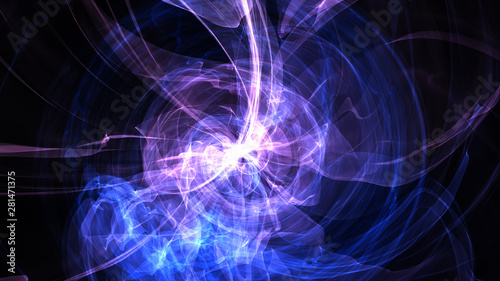 Abstract energy ball. Luminous nuclear model on dark background. Glowing energy ball. Nuclear reaction element. Close up swirling pink and blue smoke on black background. 3d rendering.