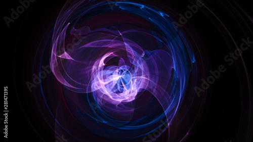 Abstract energy ball. Luminous nuclear model on dark background. Glowing energy ball. Nuclear reaction element. Close up swirling pink and blue smoke on black background. 3d rendering.