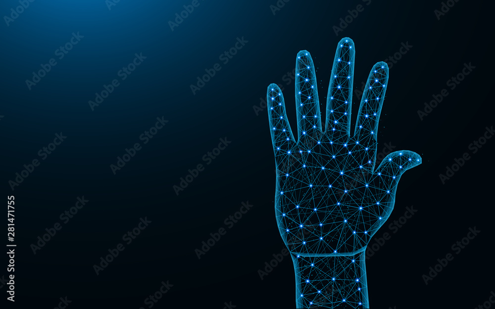 Human hand low poly design, body part abstract geometric image, stop gesture wireframe mesh polygonal vector illustration made from points and lines on dark blue background Human hand low poly design, body part abstract geometric image, stop gesture wireframe mesh polygonal vector illustration made from points and lines on dark blue background