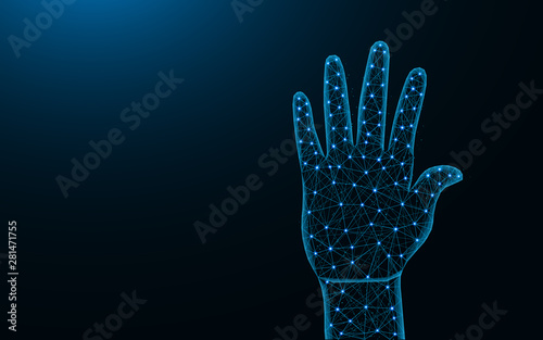 Human hand low poly design, body part abstract geometric image, stop gesture wireframe mesh polygonal vector illustration made from points and lines on dark blue background