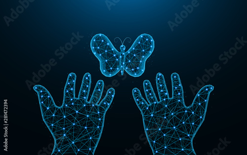 Releases a butterfly low poly design, moth abstract geometric image, human hands and insect wireframe mesh polygonal vector illustration made from points and lines on dark blue background © Vladislav
