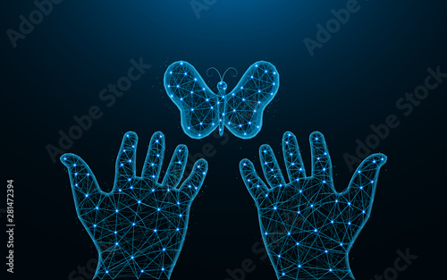 Releases a butterfly low poly design, moth abstract geometric image, human hands and insect wireframe mesh polygonal vector illustration made from points and lines on dark blue background