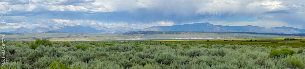 Panoramic view of Green wild land with sagebrush plant and mountain in the background during clouded summer day next the Lake Crowley, Eastern Sierra, Mono County, California, USA. Panoramic view of Green wild land with sagebrush plant and mountain in the background during clouded summer day next the Lake Crowley, Eastern Sierra, Mono County, California, USA.