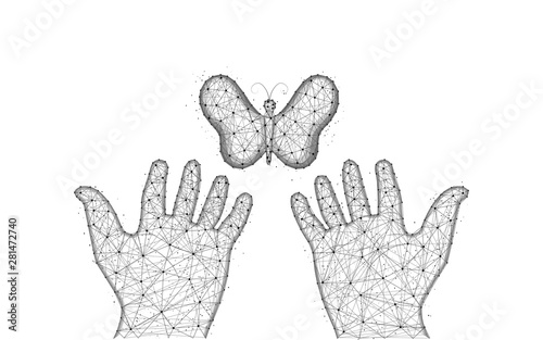 Releases a butterfly low poly design, moth abstract geometric image, human hands and insect wireframe mesh polygonal vector illustration made from points and lines on white background