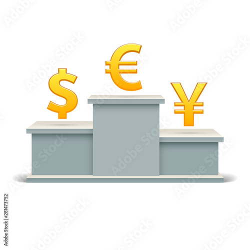 Sign euro, dollar, yen on podium. Concept of strengthening currencies in market