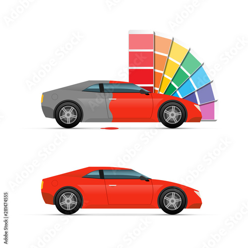 Painting car. Sedan view side before and after painting. Fan with color swatches