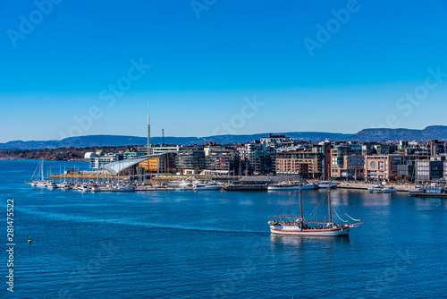 Photography Astrup Fearnley museum viewed over a bay in Oslo, Norway