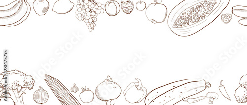 hand drawing. seamless pattern with fruits and vegetables. banana lemon grapes peach Strawberry  cherry Garnet papaya raspberry corn garlic  mushroom