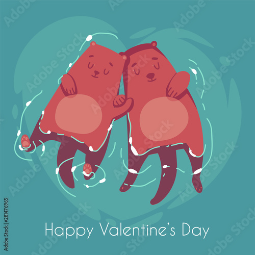 Holiday card with greeting "Happy Valentine's day". Vector illustration of a cute cartoon couple of siamese otters swiming next to each other. Place for text.