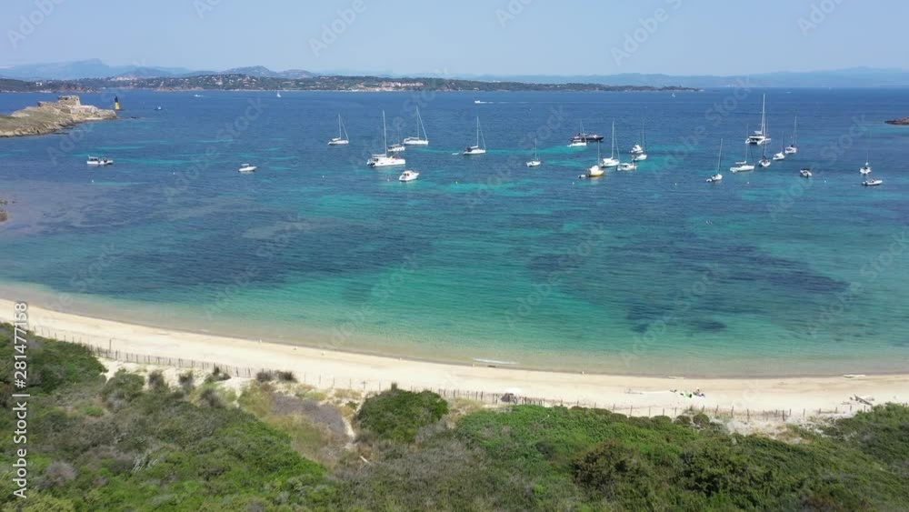 Aerial view of Porquerolles island in National park of Port Cros, view of Notre Dame Beach Aerial view of Porquerolles island in National park of Port Cros, view of Notre Dame Beach