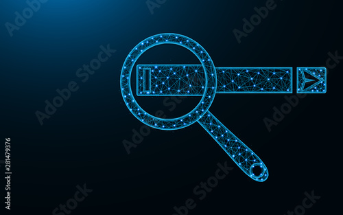 Web search poly design, magnifying glass and search box abstract geometric image, SEO wireframe mesh polygonal vector illustration made from points and lines on dark blue background