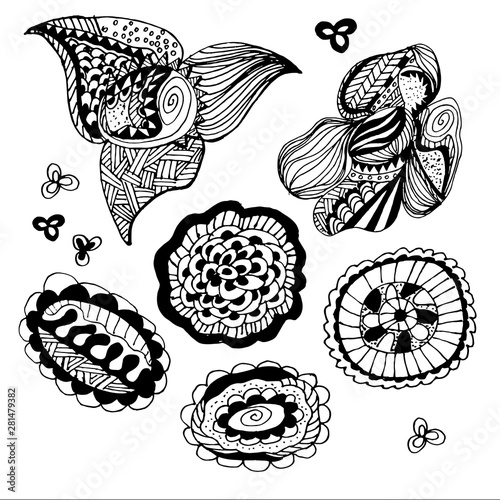 Vector doodle set in black and white colors