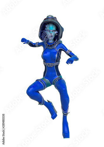 alien queen in a red sci fi outfit doing a frontal punch in a white background