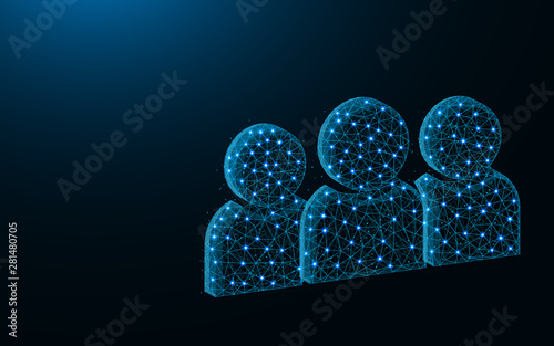 Group of people low poly design, development team abstract geometric image, users symbol wireframe mesh polygonal vector illustration made from points and lines on dark blue background