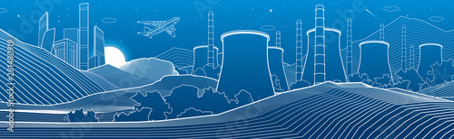 Outline industry illustration panoramic. Night city scene. Power Plant in mountains. White lines on blue background. Vector design art