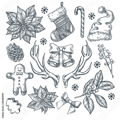 Christmas and New Year gift decoration. Vector sketch hand drawn illustration. Winter holiday design and decor elements
