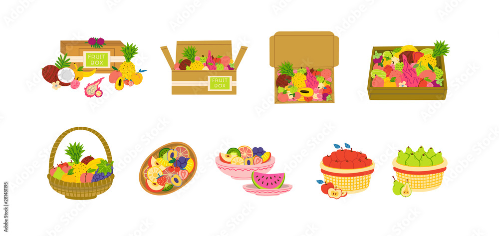 Obraz premium Fruit packages flat vector illustration set