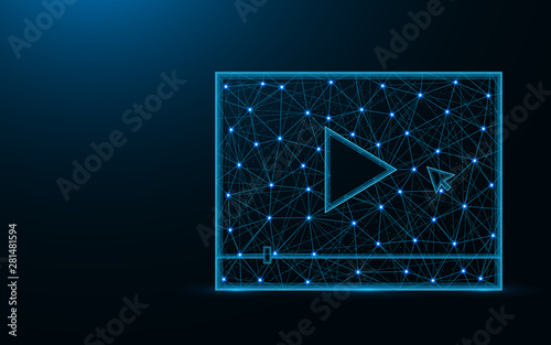 Video player low poly design, play button abstract geometric image, multimedia wireframe mesh polygonal vector illustration made from points and lines on dark blue background