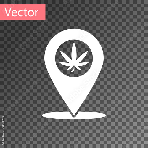 White Map pointer and marijuana or cannabis leaf icon isolated on transparent background. Hemp symbol. Vector Illustration