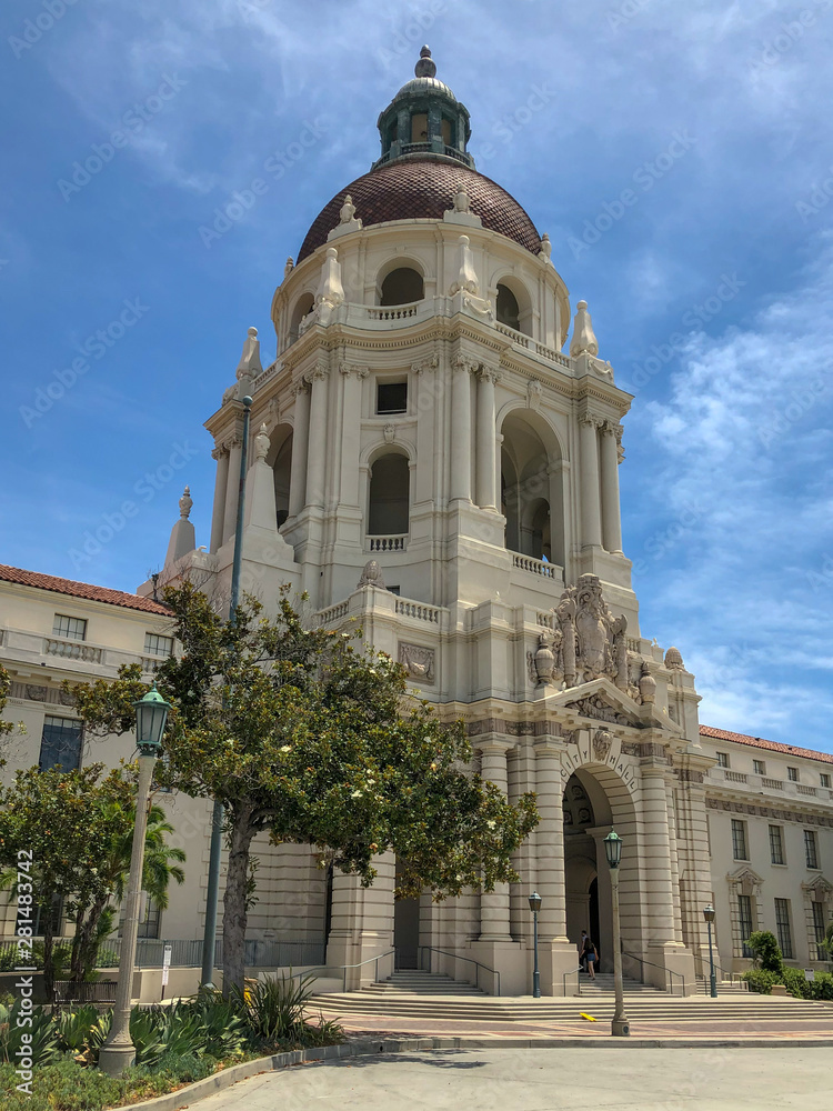 The Pasadena City Hall main tower and arcade. The City Hall was completed in 1927 and serves as the central location for city government. Pasadena, California, USA