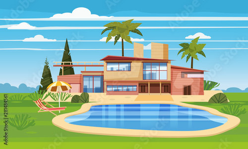 Modern villa on residence in exotic country, expensive mansion in lahdscape tropics