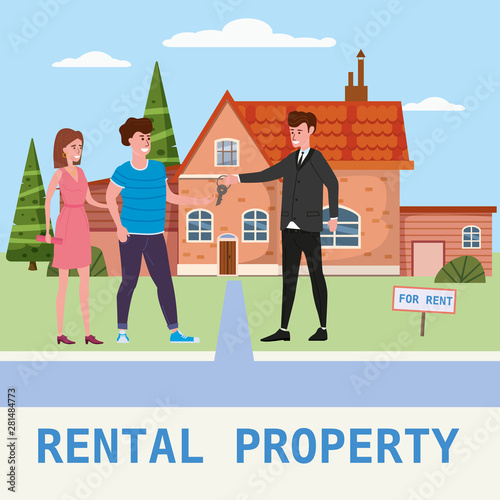 Real estate concept. House rent service. Modern family characters rent new house or big appartment
