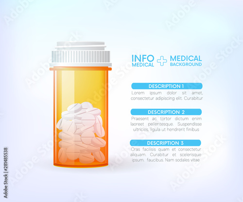 Pills bottle.Medical capsules container.info graphic.Painkillers, antibiotics, vitamins, amino acids, minerals. Icons of medicament. Medical illustration on background.