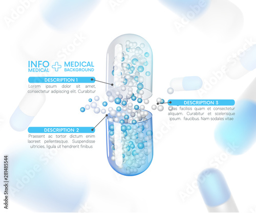 capsules info graphic. Painkillers, antibiotics, vitamins, amino acids, minerals, bio active additive, sports nutrition. Icons of medicament. Medical illustration on blue background.