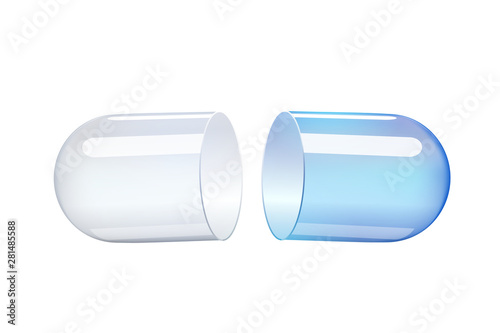 empty transparent capsules. Painkillers, antibiotics, vitamins, amino acids, minerals, bio active additive, sports nutrition. Icons of medicament. Medical illustration on background.