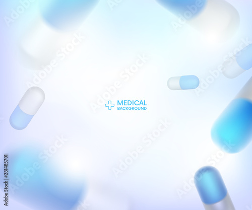 Medical background.blurred capsules. Painkillers, antibiotics, vitamins, amino acids, minerals, bio active additive, sports nutrition. Icons of medicament.