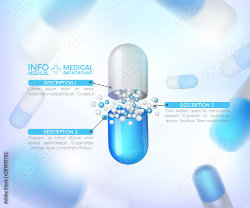 capsules info graphic. Painkillers, antibiotics, vitamins, amino acids, minerals, bio active additive, sports nutrition. Icons of medicament. Medical illustration on blue background.