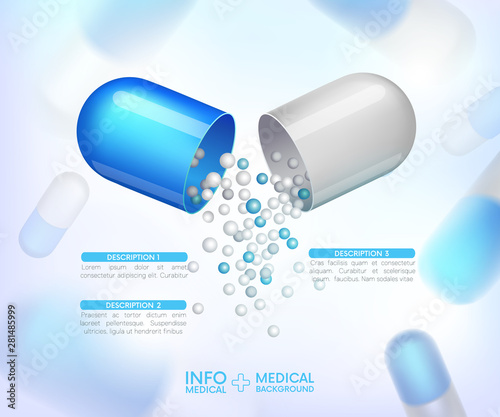 capsules info graphic. Painkillers, antibiotics, vitamins, amino acids, minerals, bio active additive, sports nutrition. Icons of medicament. Medical illustration on blue background.