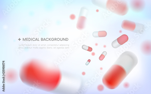 Medical background.blurred capsules. Painkillers, antibiotics, vitamins, amino acids, minerals, bio active additive, sports nutrition. Icons of medicament.