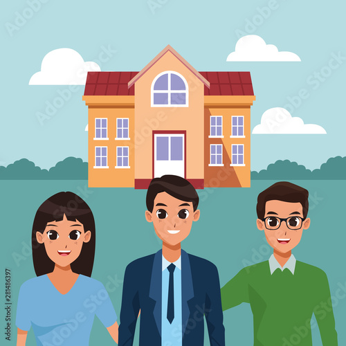 Happy roommates outside house cartoons