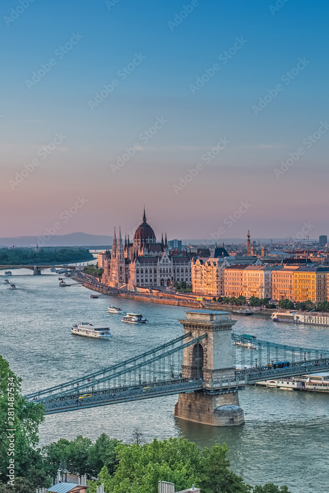 Panorama of Budapest at sunset. Hungarian landmarks