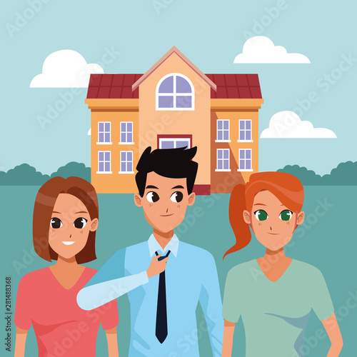 Happy roommates outside house cartoons