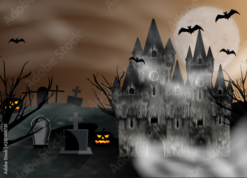 Halloween background. Castle and graveyard with gravestones. Banner or poster for party and sale. Vector