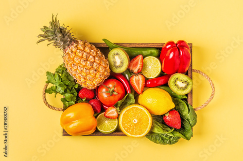 Fruits and vegetables rich in vitamin C in box.